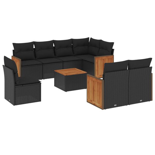 vidaXL 9-dijelni set vrtnih sofa s jastucima crni od poliratana