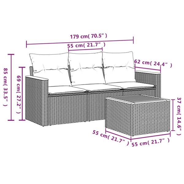 vidaXL 4-dijelni set vrtnih sofa od poliratana s jastucima crni