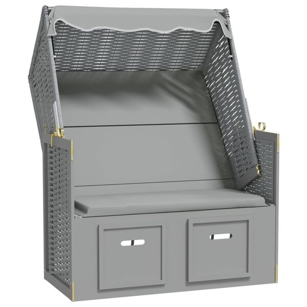 vidaXL Ležaljka za plažu s krovom od poliratana i masivnog drva siva