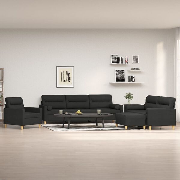 vidaXL 4-dijelni set sofa s jastucima crni od tkanine