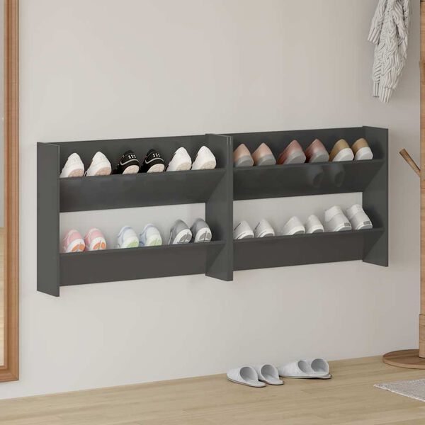 vidaXL Zidni ormarići za cipele 2 kom sjajni sivi 80x18x60 cm drveni