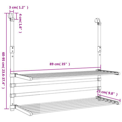 vidaXL Stalak za sušenje za balkon 89 x 25 x (60 - 95) cm aluminijski