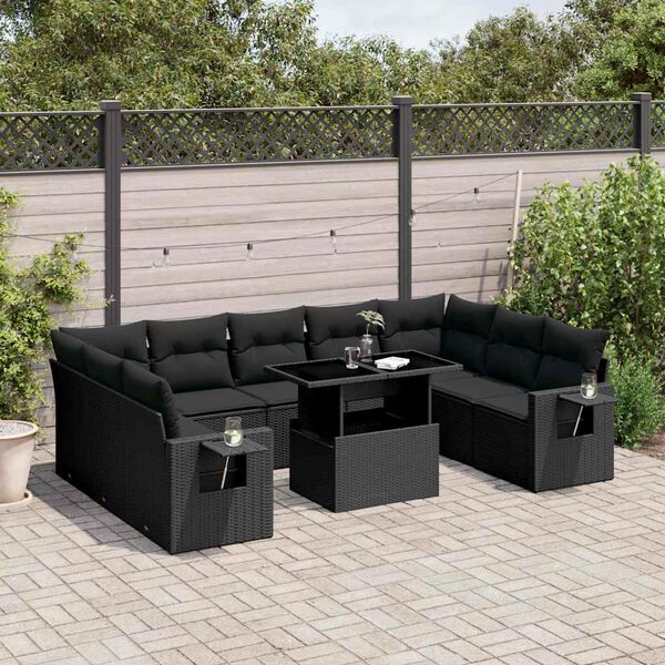 vidaXL 10-dijelni set vrtnih sofa s jastucima crni od poliratana