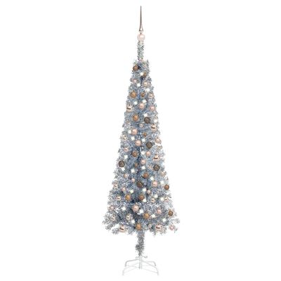 vidaXL Tanko osvijetljeno božićno drvce s kuglicama srebrno 180 cm