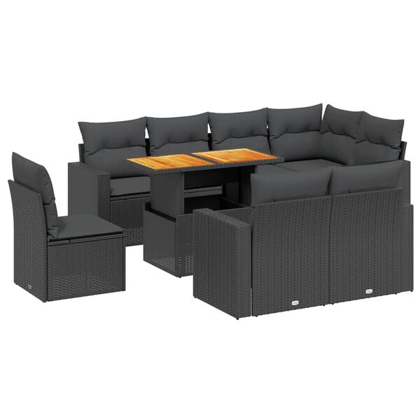 vidaXL 9-dijelni set vrtnih sofa s jastucima crni od poliratana