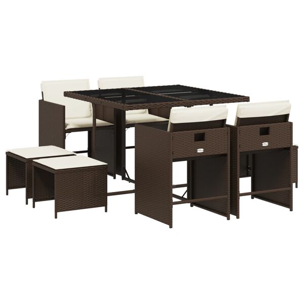 vidaXL 9-dijelni vrtni blagovaonski set s jastucima poliratan smeđi