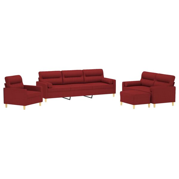 vidaXL 4-dijelni set sofa s jastucima crvena boja vina od tkanine