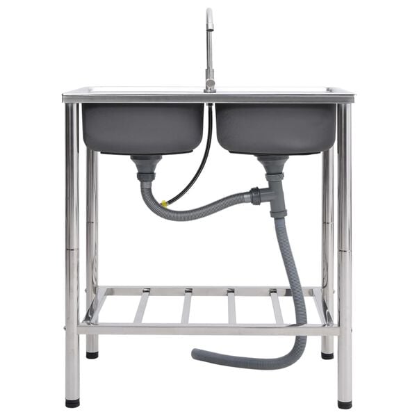 vidaXL Sudoper za kampiranje s 2 kadice i slavinom nehrđajući čelik