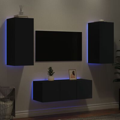vidaXL 4-dijelni zidni TV elementi s LED svjetlima crni drveni