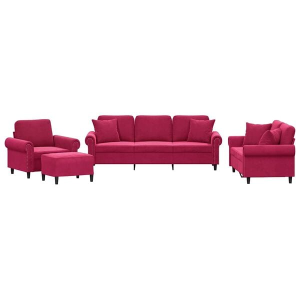 vidaXL 4-dijelni set sofa s jastucima crvena boja vina baršunasti