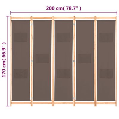 vidaXL Sobna pregrada s 5 panela od tkanine 200 x 170 x 4 cm smeđa