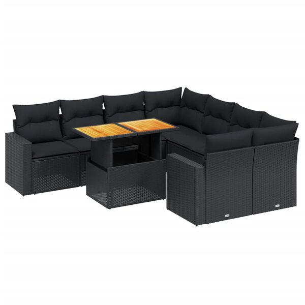 vidaXL 9-dijelni set vrtnih sofa s jastucima crni od poliratana