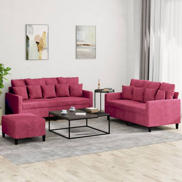 vidaXL 3-dijelni set sofa s jastucima crvena boja vina bar&scaron;unasti