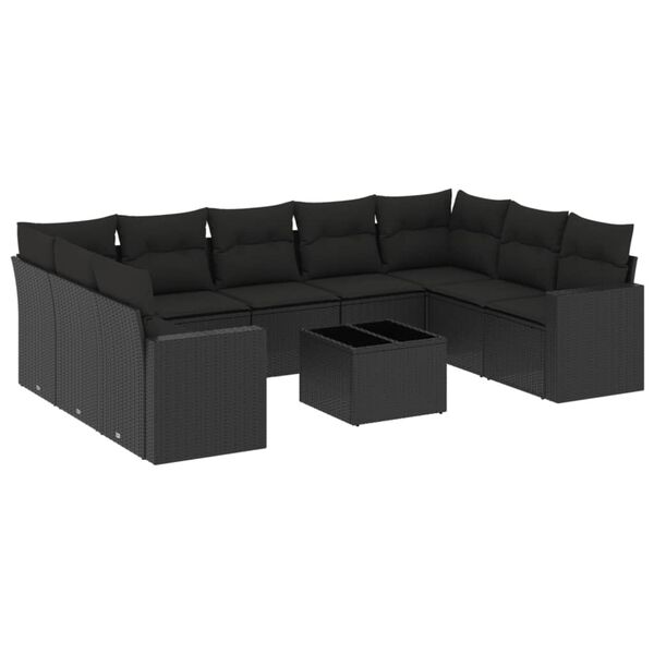 vidaXL 10-dijelni set vrtnih sofa s jastucima crni od poliratana