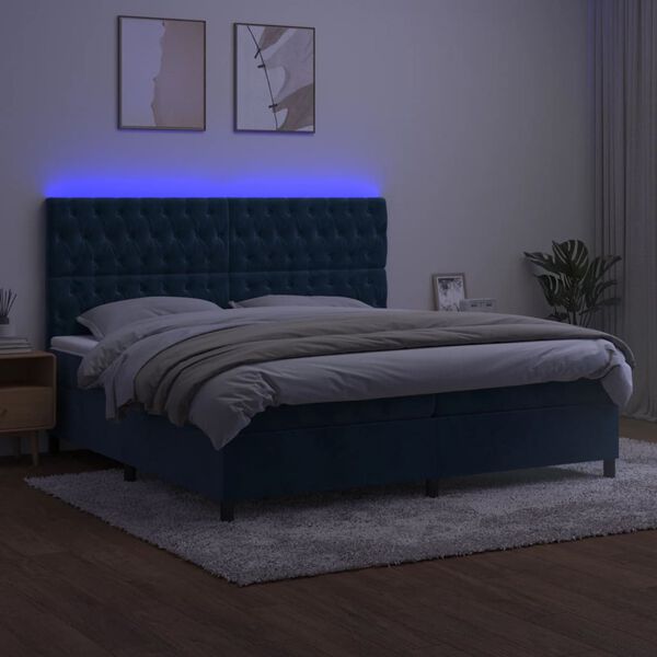 vidaXL Krevet box spring s madracem LED tamnoplavi 200x200 cm bar&scaron;un