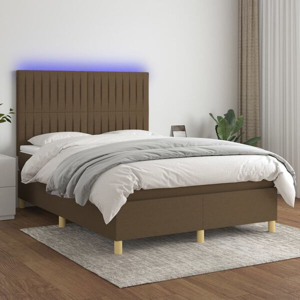 vidaXL Krevet box spring s madracem LED tamnosmeđi 140x200 cm tkanina