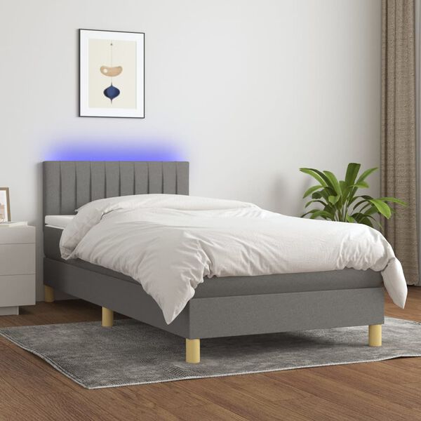 vidaXL Krevet box spring s madracem LED tamnosivi 90x190 cm tkanina