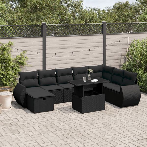 vidaXL 9-dijelni set vrtnih sofa s jastucima crni od poliratana