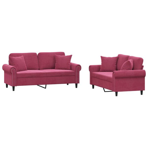 vidaXL 2-dijelni set sofa s jastucima crvena boja vina baršunasti