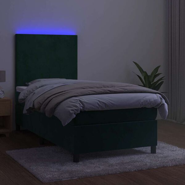 vidaXL Krevet box spring s madracem LED tamnozeleni 90x200 cm bar&scaron;un