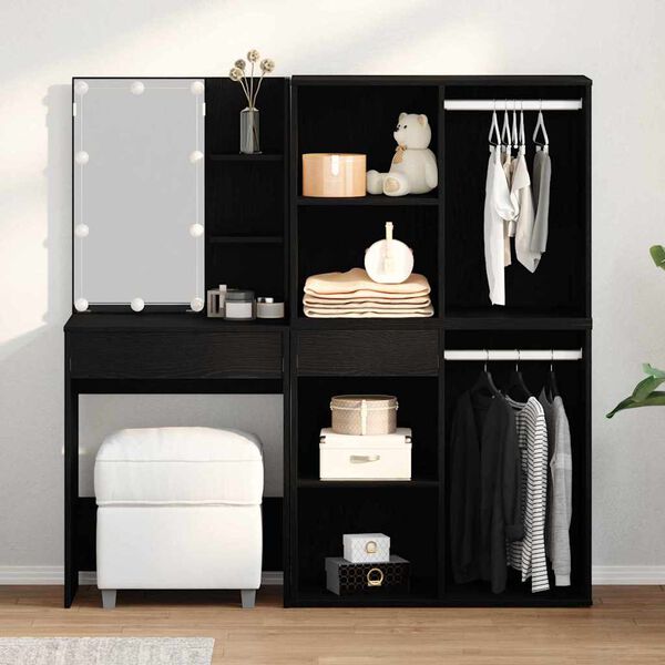 vidaXL LED Set Toaletnog Stola s ladicama Crni hrast 140 x 40 x 140 cm