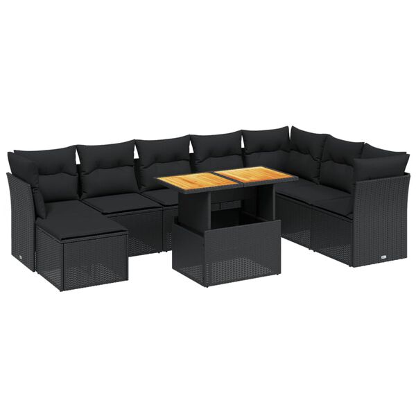 vidaXL 9-dijelni set vrtnih sofa s jastucima crni od poliratana