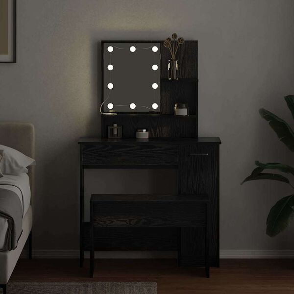 vidaXL LED Set Toaletnog Stola 2 pcs Crni hrast Konstruirano drvo