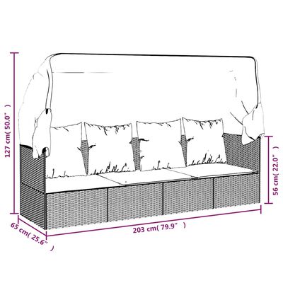 vidaXL Vanjski ležaj od poliratana s krovom i jastucima crni