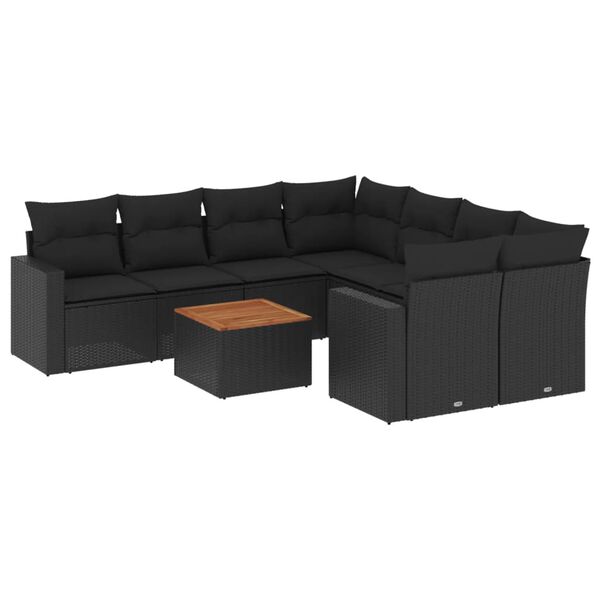 vidaXL 9-dijelni set vrtnih sofa s jastucima crni od poliratana