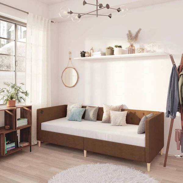 vidaXL Dnevni ležaj s madracem i USB-om smeđi od tkanine 90 x 200 cm