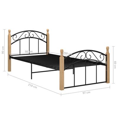 vidaXL Okvir za krevet crni od metala i masivne hrastovine 90 x 200 cm