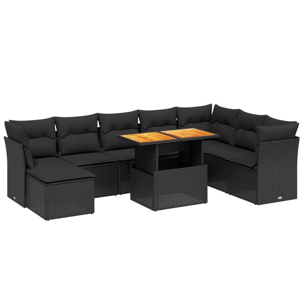 vidaXL 9-dijelni set vrtnih sofa s jastucima crni od poliratana