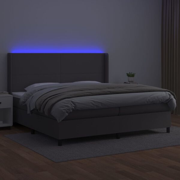 vidaXL Krevet box spring s madracem LED sivi 200x200cm od umjetne kože