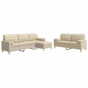 vidaXL 3-dijelni set sofa s tabureom i jastucima krem tkanina