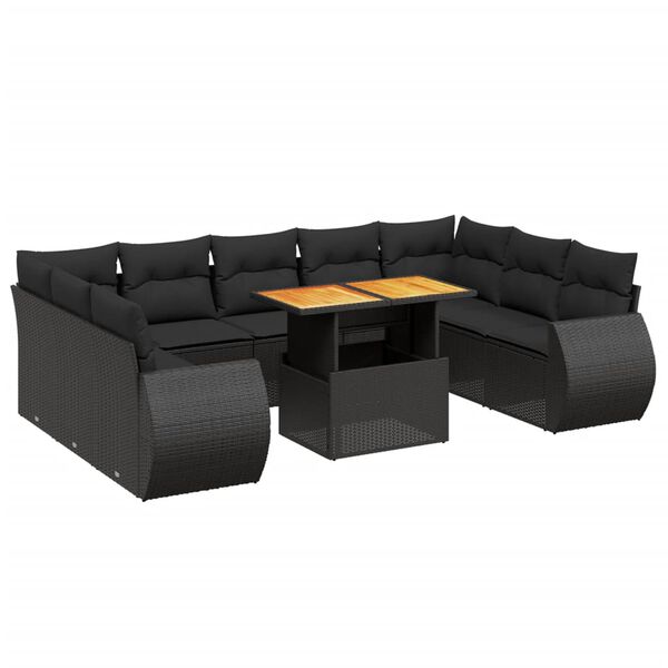 vidaXL 10-dijelni set vrtnih sofa s jastucima crni od poliratana