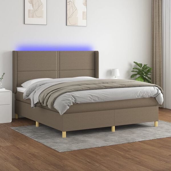 vidaXL Krevet box spring s madracem LED smeđesivi 180x200 cm tkanina