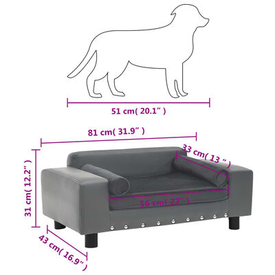 vidaXL Sofa za pse siva 81 x 43 x 31 cm od pliša i umjetne kože