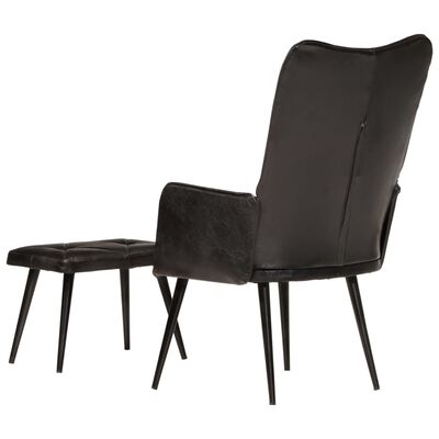 vidaXL Fotelja od prave kože s krilnim naslonom i tabureom crna