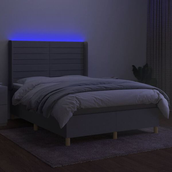 vidaXL Krevet box spring s madracem LED svjetlosivi 140x190 cm tkanina
