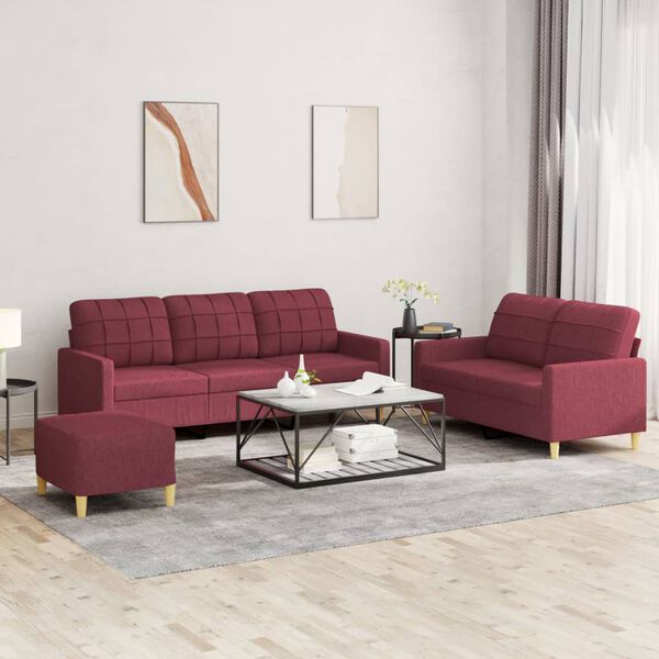 vidaXL 3-dijelni set sofa s jastucima crvena boja vina od tkanine