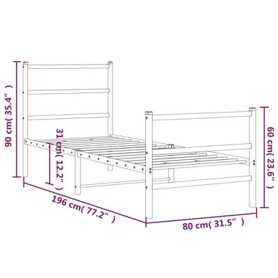 vidaXL Metalni okvir kreveta s uzglavljem i podnožjem bijeli 75x190 cm