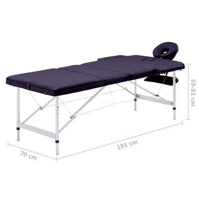 vidaXL Sklopivi stol za masažu s 3 zone aluminijski ljubičasti