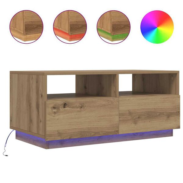 vidaXL Stolić za kavu s LED svjetlima boja hrasta artisan 90x49x40 cm