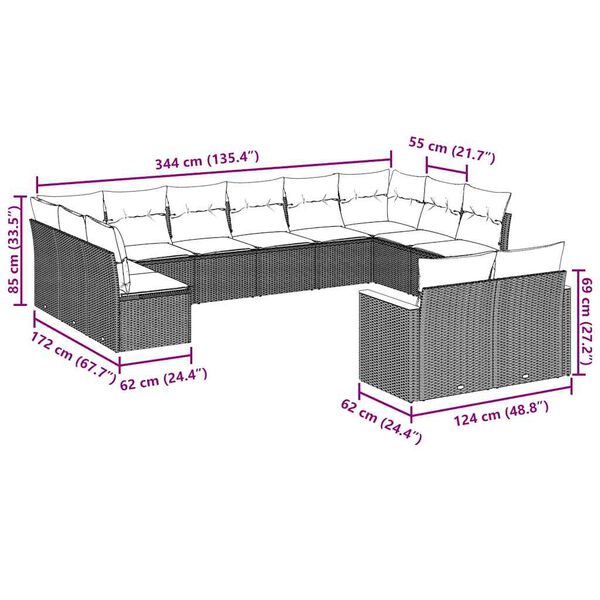 vidaXL 12-dijelni set vrtnih sofa od poliratana s jastucima crni