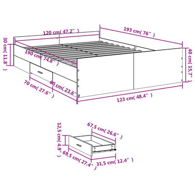 vidaXL Okvir za krevet s ladicama boja sivog hrasta 120x190 cm drveni