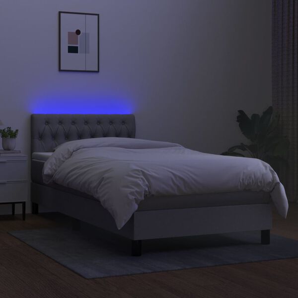 vidaXL Krevet box spring s madracem LED svjetlosivi 90x200 cm tkanina