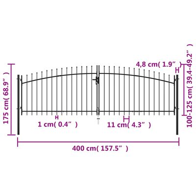 vidaXL Dvostruka vrata za ogradu s kopljima na vrhu 400 x 175 cm