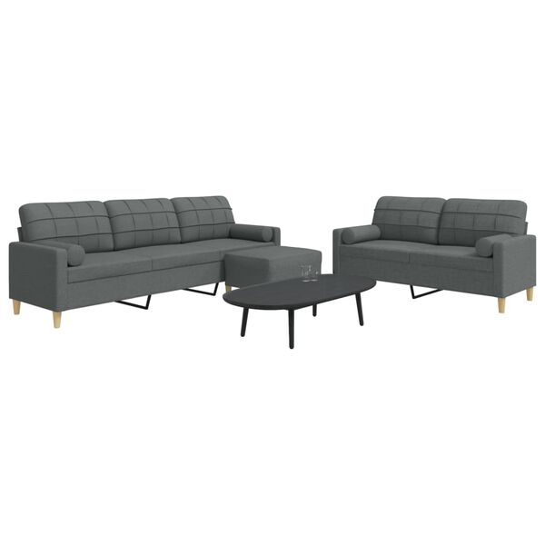 vidaXL 3-dijelni set sofa s tabureom i jastucima tamnosivi tkanina