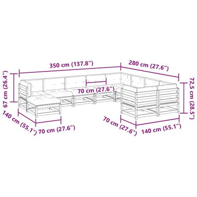 vidaXL 10-dijelni set vrtnih sofa s jastucima od masivne borovine