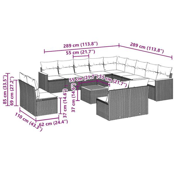 vidaXL 14-dijelni set vrtnih sofa s jastucima poliratan crni
